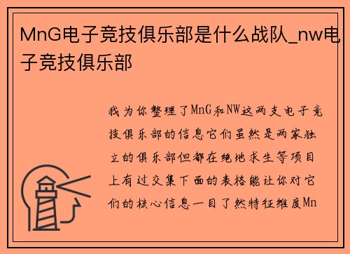MnG电子竞技俱乐部是什么战队_nw电子竞技俱乐部