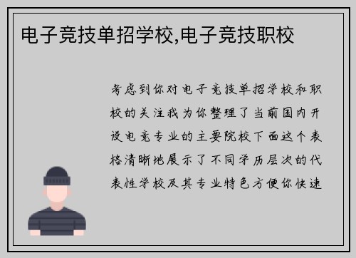 电子竞技单招学校,电子竞技职校
